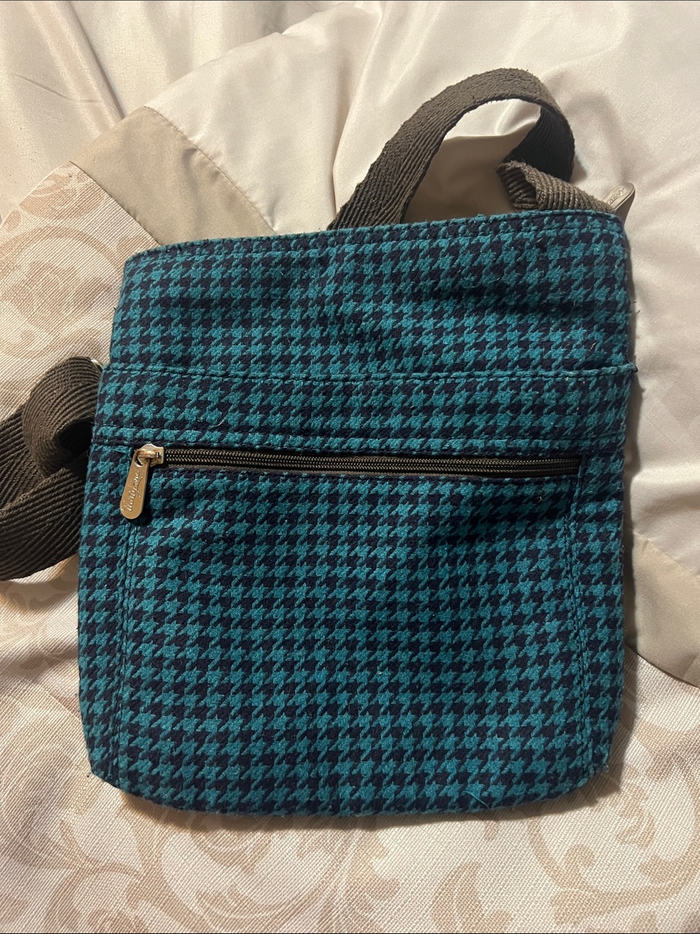 thirty-one Teal and Black Houndstooth Crossbody with Brown Strap